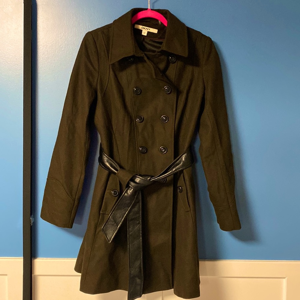 Olive Green Belted Wool Dkny Trench Size 12